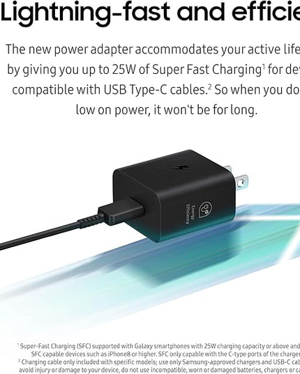 Samsung 25W Wall Charger Power Adapter, Cable Not Included, Super Fast Charging, Compact Design, Energy Efficient, Compatible with Galaxy and USB Type C Devices, Black