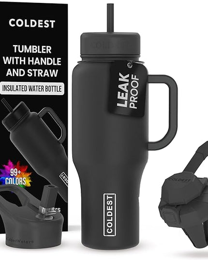 Coldest Tumbler with Handle and Straw - 100% Leak Proof Insulated Tumbler with Lid and Straw (3 Lids) - Stainless Steel Tumblers for Women & Men - Cup Holder Friendly Base, 36 oz (Stealth Black)
