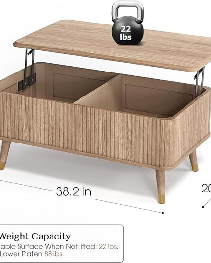 JOINICE Lift Top Coffee Table with Storage,Natural Wood Center Table for Living Room, Modern Farmhouse Oak Fluted Design,Pop-Up Desk for Work & Dining