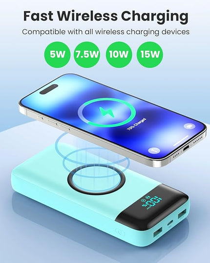 Wireless Portable Charger 40800mAh with 3 Built-in Cables,7-in-1 15W Wireless Charging Power Bank,25W PD QC 4.0 Fast Charging USB C LCD Display Battery Pack for iPhone 16/15/13,Samsung,Android-Green