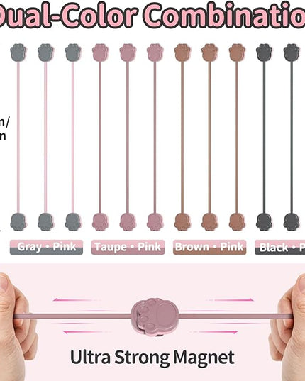 SOOOEC Magnetic Cable Ties, 32 Pack 7.2" Magnetic Cord Organizer Cute Cat's Paw Design, Silicone Twist Ties with Strong Magnet for Bundling and Cable Management, Fridge Magnets.