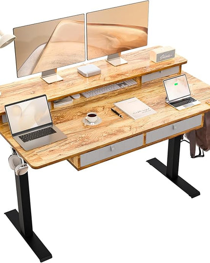 55 * 30 Inches Electric Standing Widened Desk Adjustable Height with 4 Drawers, Double Storage Shelves Stand Up Desk, Home Office Workstation Sit Stand up Desk (Light Rustic Brown)