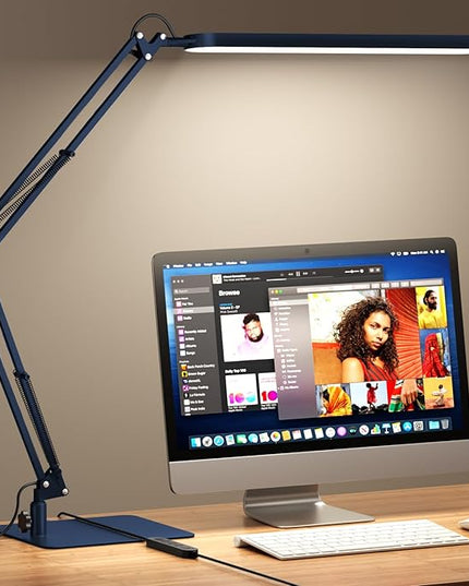 SKYLEO LED Desk Lamp with Slim Base - Adjustable Swing Arm Desk Light, Dimmable, Timer, Eye Protection, Memory Function, 1300LM, 12W, Blue