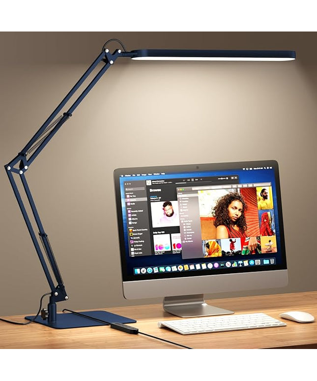SKYLEO LED Desk Lamp with Slim Base - Adjustable Swing Arm Desk Light, Dimmable, Timer, Eye Protection, Memory Function, 1300LM, 12W, Blue