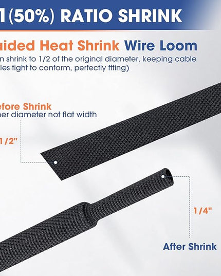 FOURUB 2:1 Heat shrinkable Braided Sleeving Fabric Wire Loom High Temp Heat Shrink Wiring Harness Abrasion Protector Cable Sleeve(1/2"-15ft)