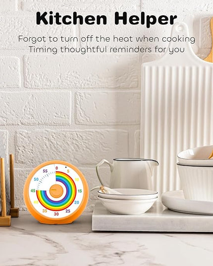 Visual Timer for Kids, 60-Minute Countdown Timer for Classroom Office Kitchen, Desk Timer Kids Time Management Tools with Silent Operation, Pomodoro Time Rainbow Pattern (Orange)
