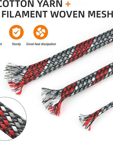 Braided Expandable Cable Sleeve, 25ft PP Cotton and PET Braided Cable Management, Flexible Mesh Wire Loom and Cable Protector for TV, Computer, Home Theater, Automotive (Red Grey White, 5/16")