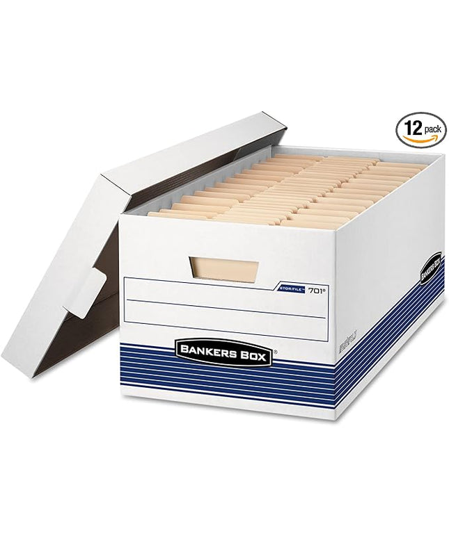 Bankers Box 12-Pack Medium Duty File Storage Boxes with Lids, FastFold Assembly, 24 Inch Letter, STOR/FILE, (00701)