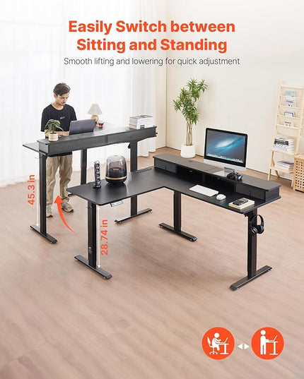 VEVOR L Shaped Electric Standing Desk with 2 Drawers, 63 x 55 inch Adjustable Height Corner Desk with Storage, Sit Stand up Computer Table with Light Strips for Office Home, Easy to Assemble, Black