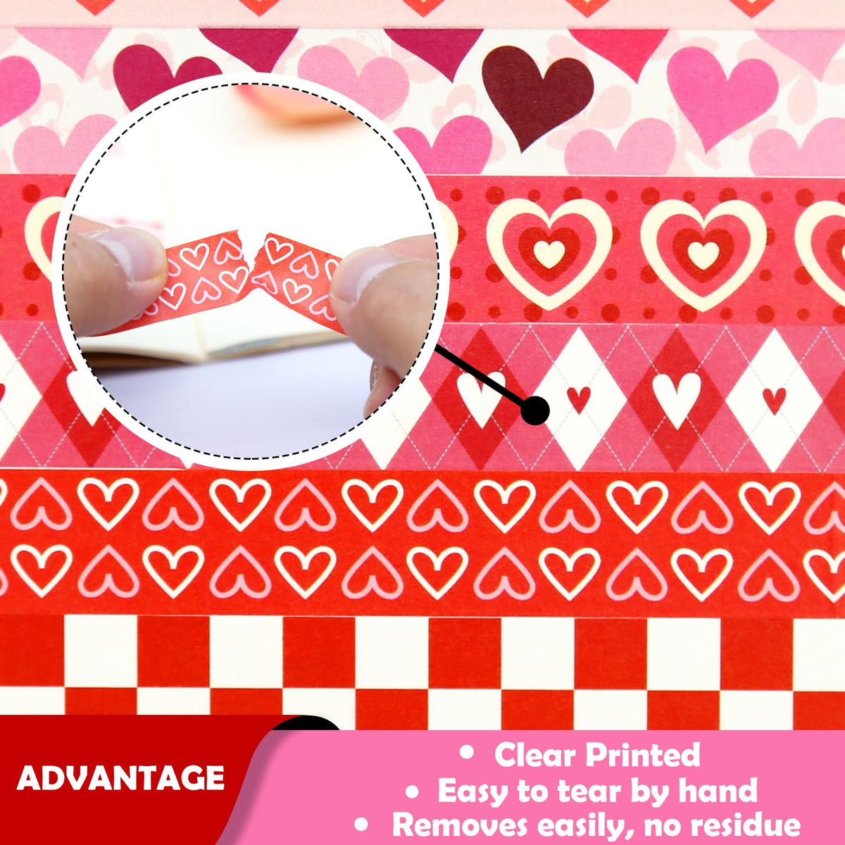 NIKOMIE 12 Rolls Love Heart Washi Tape Set, Pink Red Decorative Tape Valentine Stripe Dots Masking Tape for Journaling Supplies,Wedding Party,Junk Journal, Scrapbooking, Planner, DIY Arts & Crafts