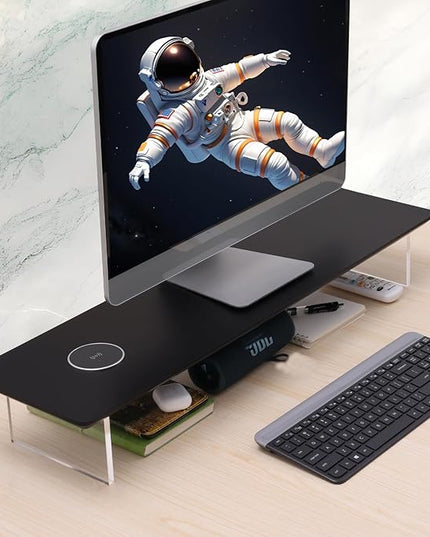 SUIBIAN Black Monitor Stand Riser with Wireless Charging 31.5Inch Large, Computer Monitor Stand,Wooden Desktop Organizer Shelf for Office Desk Computer,Laptop,TV (Black Oak)