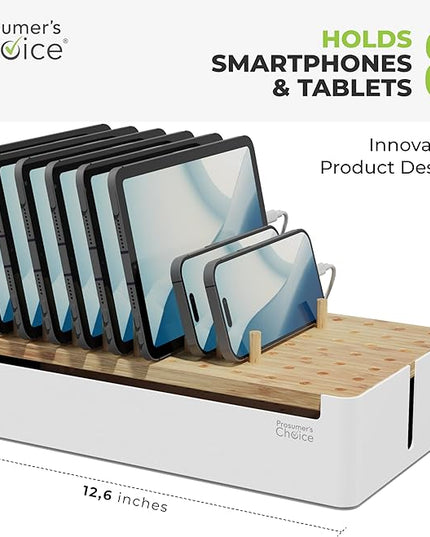 Prosumers Choice Bamboo Charging Station for Multiple Devices - Wooden Charger Organizer with Removable Dividers for Phones, Tablets, and Laptops - 11 Inch Cable Organizer Box - Space-Saving Desk Dock