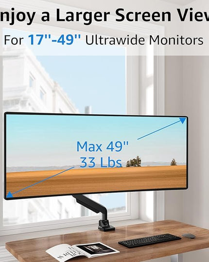 MOUNTUP Single Monitor Mount fits 49 45 44 43 42 40 39 37 34 inch Ultrawide Screen, Holds 6.6-33lbs, Computer Monitor Arm Desk Mount, Heavy Duty Gas Spring Monitor Stand with C-clamp/Grommet Base
