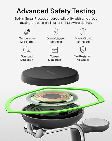 Belkin MagSafe Charger Compatible, 3-in-1 Charging Station, Qi2.2 25W w/Cooling Fan (On/Off Control) Magnetic Wireless Charger for iPhone 17, Apple Watch, AirPods, Pixel 10 (45W Adapter Included)