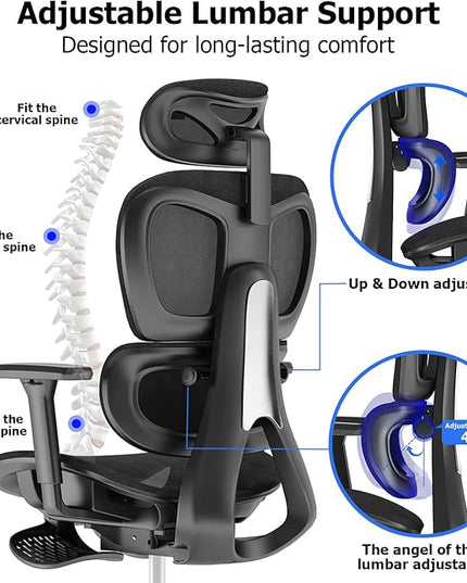 PatioMage Ergonomic Office Chair, Big and Tall Desk Chair with Adjustable Lumbar Support & Seat Depth, High Back Computer Chair, Swivel Mesh Chairs with Wheels for Home Office, Black