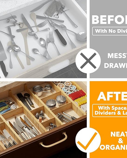 SpaceAid Bamboo Drawer Dividers with Inserts and Labels, Kitchen Adjustable Drawer Organizers, Expandable Organization for Home, Office, Dressers, 10 Dividers with 24 Inserts (17"-22" Natural)