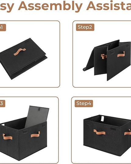 GRANNY SAYS Black Storage Bins with Lids, Decorative Storage Boxes with PU Handles, Linen Closet Organizer, Storage Baskets for Shelves, Fabric Storage Bins for Clothes, Extra Large