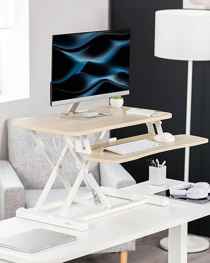 VIVO 28 inch Desk Converter, K Series, Height Adjustable Sit to Stand Riser, Dual Monitor and Laptop Workstation with Keyboard Tray, Light Wood Top, White Frame, DESK-V028KF