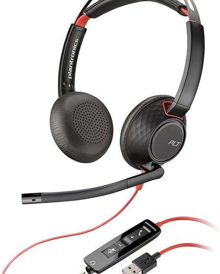 Poly - Blackwire 5220 USB-A Headset (Plantronics) - Wired, Dual Ear (Stereo) Computer Headset with Boom Mic - USB-A, 3.5 mm to connect to your PC, Mac, Tablet and/or Cell Phone