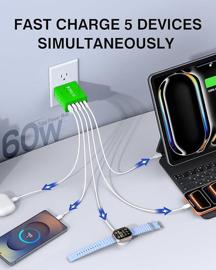 USB C Wall Charger, 60W USB C Charger Block 5-Port PD Fast Charging Blocks,USB A Multiport Plug Brick Cube,Dual Type C Power Adapter for iPhone 17/16/15/14/13/Pro,iPad,Samsung,for Switch（Green 2-Pack）