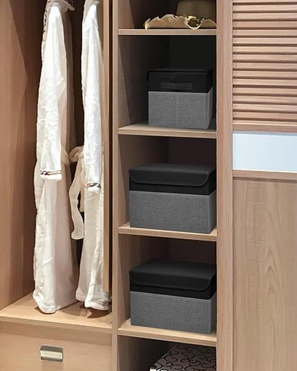 Large 22 Quart Linen Fabric Foldable Storage Bin Cube Organizer Basket with Flip-Top Lid & Handles, Clothes Blanket Box for Home, Office, Closet, Black & Gray, 4 Pack 14.6 x 9.5 x 9.5