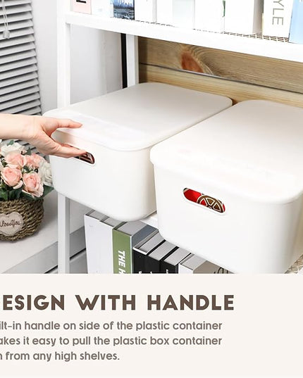 Tuanse 8 Pieces White Plastic Storage Bins with Lids, Stackable Storage baskets with Handle Containers Box for Shelves Drawers Desktop Playroom Classroom Office Organization(14 x 10.5 x 6.5 Inches)