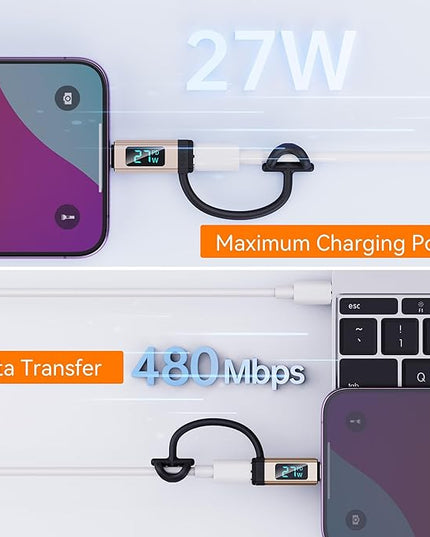 pzoz USB C to Lightning Adapter with LED Display, 27W Type C PD Fast Charging Lighting Adaptor for Phone 14/13/12/11/XS/XR/SE/AirPods, Fits MacBook Charger Cable, Support Data Transfer (1 Pack)