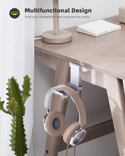Lamicall Headphone Stand, Sticky Headset Hanger - 360 Degree Rotation Earphone Adhesive Hook Holder Mount, Table Headphone Stand with Cable Organizer, Headset Clamp for HyperX, Sennheiser -White