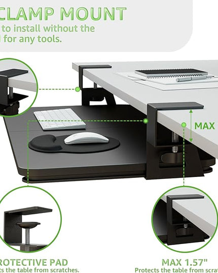 Desktop Keyboard Tray, Under Desk Pull Out, 26.77" X 11.81" Large Size Keyboard Tray with C-Clip Mount, Easy Installation, Computer Keyboard Stand, for Home Study and Office