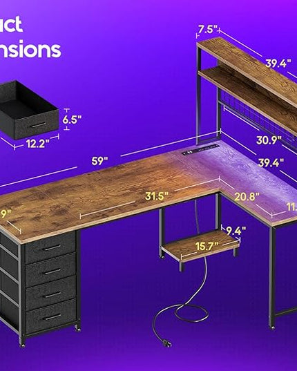 AODK L Shaped Gaming Desk with Hutch, 59" Computer Desk with 4 Drawers & Storage Shelves, Reversible Corner Desk with LED Light & Power Outlets, Gamer Table for for Home Office, Vintage