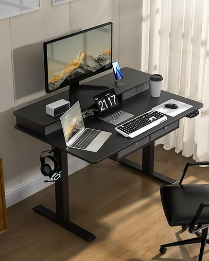 48 * 30 Inches Electric Standing Widened Desk Adjustable Height with 4 Drawers, Double Storage Shelves, Home Office Workstation Sit Stand up Desk (Classical Black)