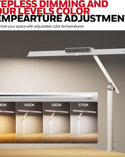 Honeywell LED Desk Lamp with Clamp - HJ1 Sunturalux Eye-Caring Clip on Lights for Home Office, 1200LM Clamp Lamp 4 Color Modes Stepless Dimming Task Desk Light for Working White