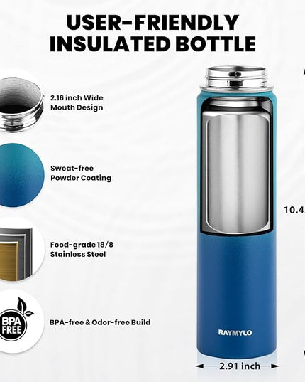 Insulated Water Bottle 24oz, Triple Wall Vacuum Stainless Steel (Cold for 48 Hrs, Hot for 24Hrs), Leak Proof & Non-BPA, 24oz Hydro Water Flask with Paracord Handle & Straw Spout Lids