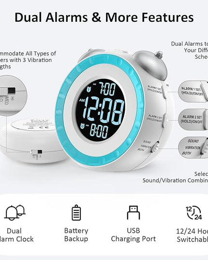 uscce Loud Dual Alarm Clock with Bed Shaker - 0-100% Dimmer, Vibrating Alarm Clock for Heavy Sleepers or Hearing Impaired, Easy to Set, USB Charging Port, Snooze, Battery Backup (White)