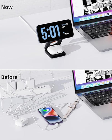 Foldable Magnetic Wireless Charger, KU XIU X40 Aluminum Alloy 3 in 1 Charging Station for Apple, Fast Charging Travel Charger for iPhone 17 16 15 14 13 12, 5W for Apple Watch & AirPods, Black