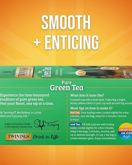 Twinings Pure Green Tea Individually Wrapped Bags, 25 Count (Pack of 6), Smooth Flavour, Enticing Aroma, Caffeinated, Enjoy Hot or Iced, 150 Teabags