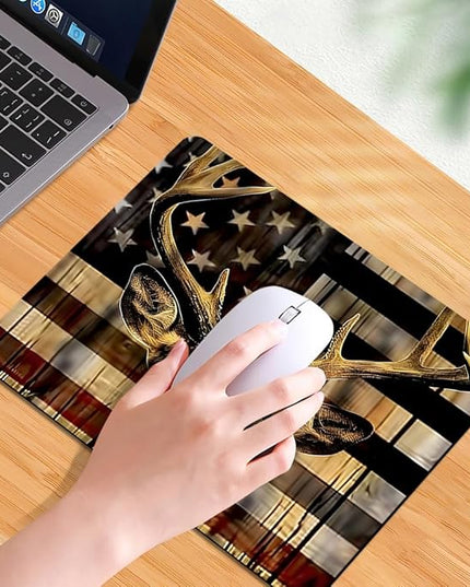 Wood Grain American Flag Hunting Deer Square Mouse pad, Texture, Waterproof, Anti Slip Rubber Base, Computer Mouse pad, Laptop Mouse pad
