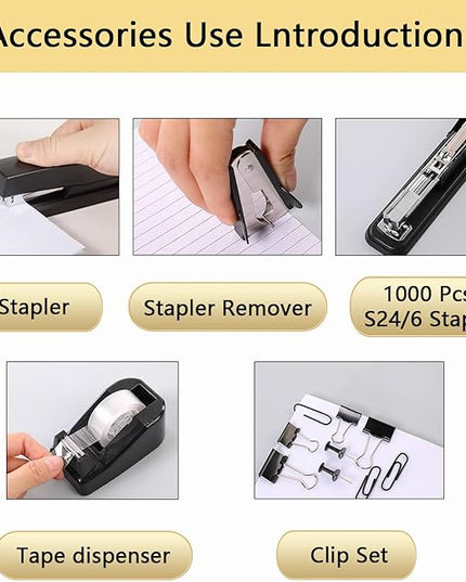 suniya Office Supplies,Desk Accessories,Tape Holder,Stapler,Scissor,Staple Remover,Box of Binder Clips,Staples,Ballpoint Pen,Lndex Tabs,Clear Tape,Office Supplies Set(Black)