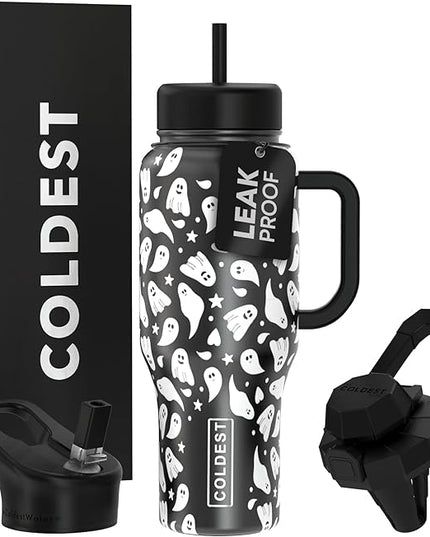 Coldest Tumbler with Handle and Straw - 100% Leak Proof Insulated Tumbler with Lid and Straw (3 Lids) - Stainless Steel Tumblers for Women & Men - Cup Holder Friendly Base, 36 oz (Ghosts)