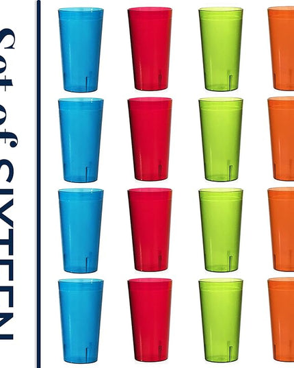 US Acrylic Cafe Plastic Reusable Tumblers (Set of 16) 20-ounce Water Cups Assorted Colors | Restaurant Style Drinking Glasses Value Set, Stackable, BPA-free, Made in the USA | Top-rack Dishwasher Safe