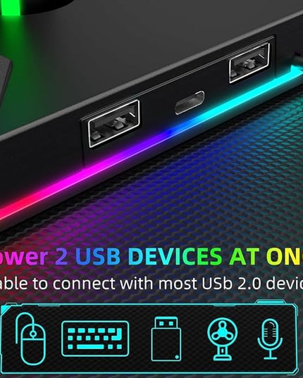 ZNikoyidy Gaming Headphone Stand PC Accessories - RGB Headset Stand with 2 USB Ports,10 Light Modes Headset Holder Suitable for All Earphone Accessories, Gift for Boys Men Gamers