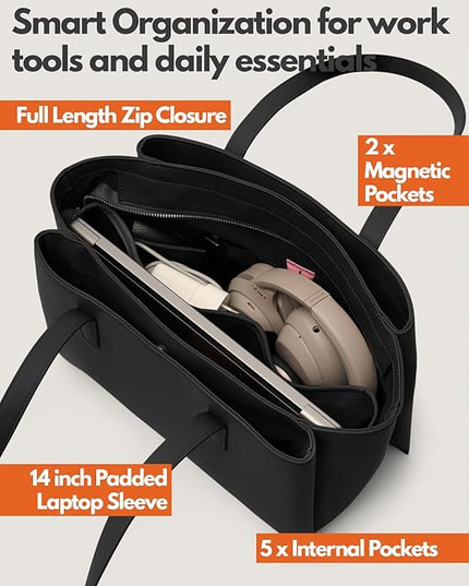 Work Tote Bags for Women 14 Inch - Work Bag Laptop Bag with Zip Compartments - Large PU Leather Office Computer Briefcase