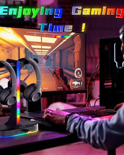 RGB Headphone Stand - Dual Gaming Headset Holder with 3 USB Charging Station and 3.5mm Audio Port,8 Light Modes, Suitable for Gaming, Wireless Earphone Display, Gamer Gifts for Men (Black)