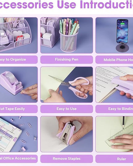 Desk Organizers and Accessories, Office Supplies 15PS Set with Stapler, Staple Remover, Pen Holder, Clips Set, Tape Dispenser, Tape, Phone Holder, 1000 Staples, Ruler, Scissors (Purple)