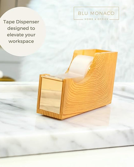 BLU MONACO | Acrylic Tape Dispenser with Woodgrain Surface | Desktop Tape Cutter with Smooth Blade and Non Slip Base | Fits Standard and Large Rolls Desk Accessory