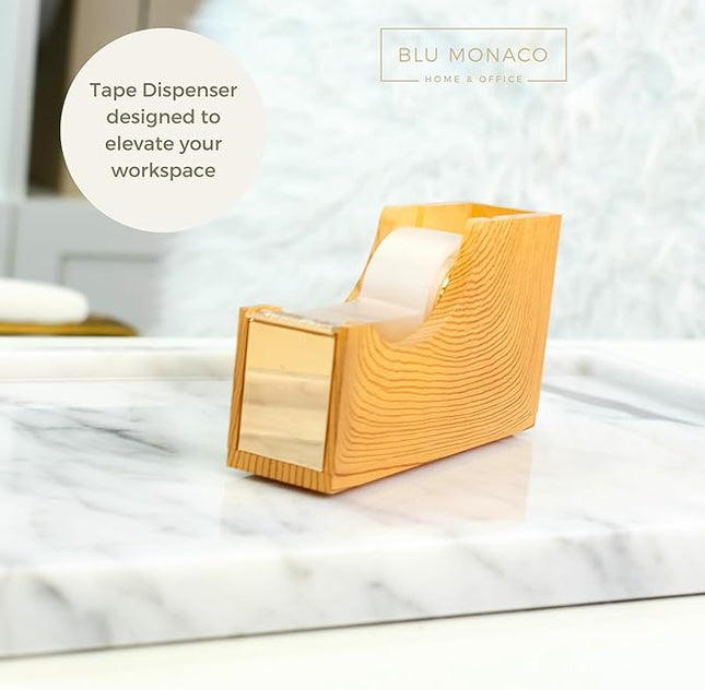 BLU MONACO | Acrylic Tape Dispenser with Woodgrain Surface | Desktop Tape Cutter with Smooth Blade and Non Slip Base | Fits Standard and Large Rolls Desk Accessory