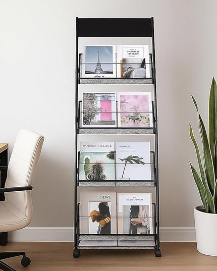 Floor-Standing Magazine Rack 4-Layer with Wheels, Brochure Display Stand for Exhibitions, Office, and Any Organization Requiring Information Display