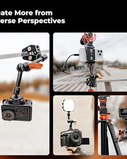 K&F CONCEPT 6" Magic Arm Clamp Kit with 1/4" & 3/8" Thread Screw, 360°Ballhead Articulating Friction Arm with Camera Clamp Mount for Monitor, LED Light, Webcam, Action Camera