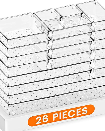 Criusia Drawer Organizer, 26 Pack Clear Plastic Drawer Organizer Bins, Versatile Organization and Storage Trays for Kitchen, Bathroom, Vanity Makeup and Office