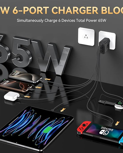 USB C Fast Charger Block, iPhone Charger Fast Charging Blocks 65W Multi Port Charger 6-Ports PD & QC Charging Cube Brick Power Adapter Type C Wall Chargers for iPhone 17/16/15/14/13/12 Pro Max, iPad